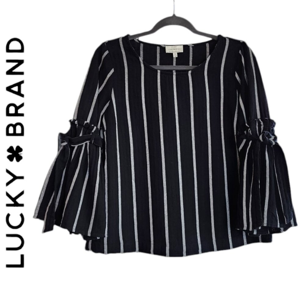 Lucky Brand M Boho Long Sleeve Top Blouse Black White Stripes Ruffle Tie Sleeve
